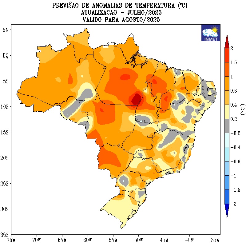 Previsão de anomalias de temperatura média do ar do modelo climático do Inmet, para agosto de 2025