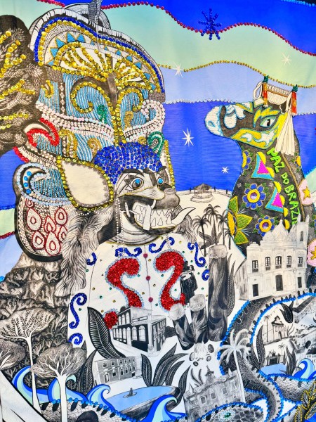 Arte vibrante com elementos coloridos representando a cultura brasileira, incluindo animais estilizados e paisagens ilustres.