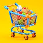 Carrinho de compras colorido com produtos alimentícios em um fundo amarelo.