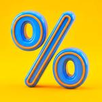 Símbolo de porcentagem em azul com contorno laranja sobre fundo amarelo.